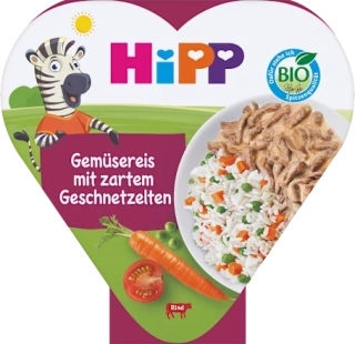 HIPP 8657 Bio Zeleninová rýže s hráškem & hovéží nudličky po 1. roce, 250 g