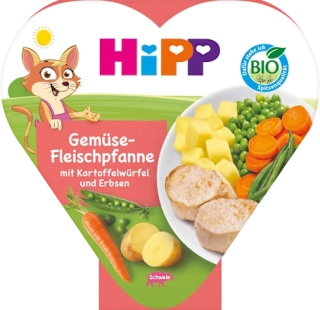 HIPP 8656 Bio Zeleninovo-masová pánev s bramborové kostky & hrášek 250 g